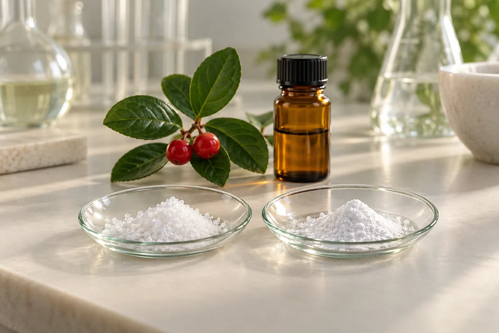 Salisilik asit kristallerini temsil eden numuneler, wintergreen yaprakları ve laboratuvar cam malzemeleri