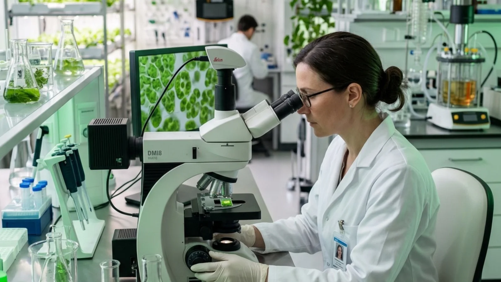 Green Mol Ar-Ge laboratuvarında mikroskop başında çalışan araştırmacı